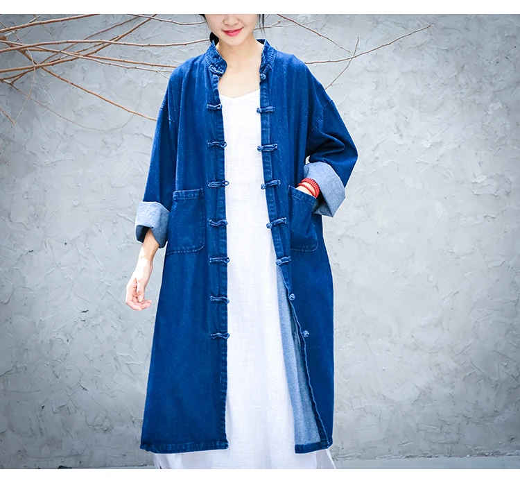 Женские длинные голубые джинсы летнее пальто китайский стиль пуговицы Свободный кардиган с стоячим воротником Ретро Плащ синий оверсайз