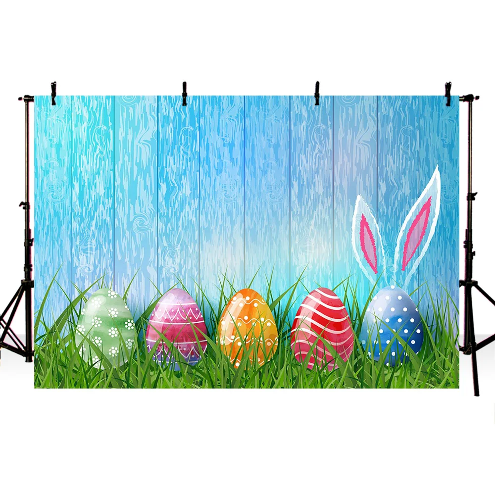 

MEHOFOTO Colorful Easter Eggs Photo Background Blue Wood Floor Backdrop Peter Rabbit Banner Green Grass Backgrounds Celebration