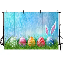 MEHOFOTO Colorful Easter Eggs Photo Background Blue Wood Floor Backdrop Peter Rabbit Banner Green Grass Backgrounds Celebration