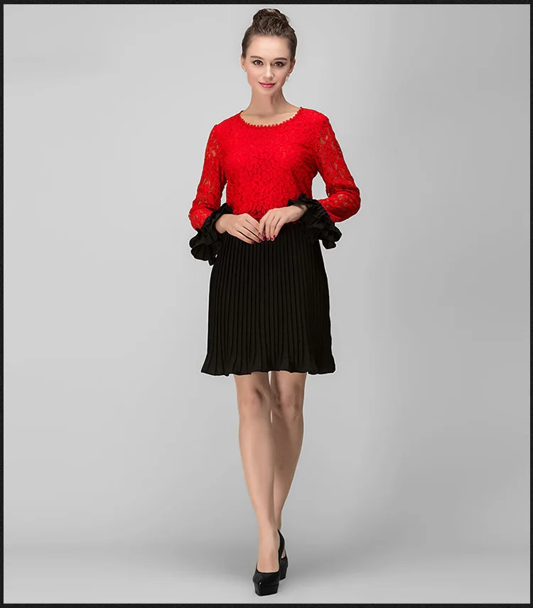 AOFULI L-3xl 4xl 5xl плюс размер платье весна новые женские оборки с длинным рукавом красные черные кружевные лоскутные плиссированные платья