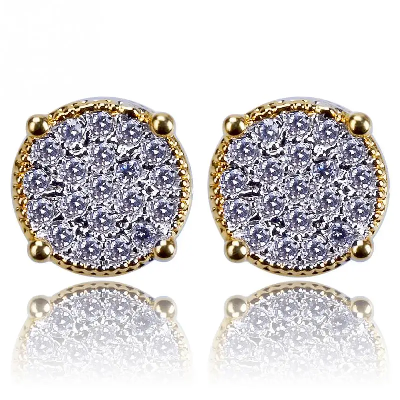 

1 Pair Hip Hop Men Women Gold Silver Plated Round Micro Inlaid Zircon Earring Stud