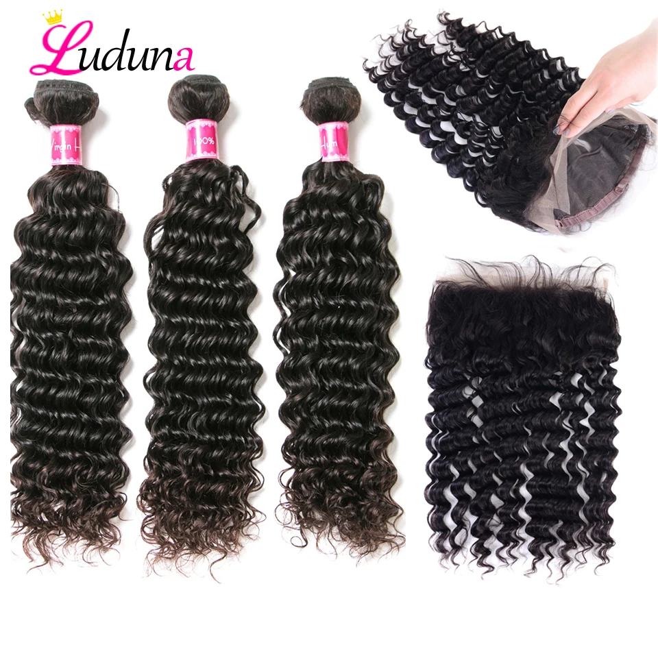 

Luduna 360 Lace Frontal With Bundle Peruvian Deep Wave Hair Bundles With Closure 3 Bundles With Lace Frontal Closure Remy Hair