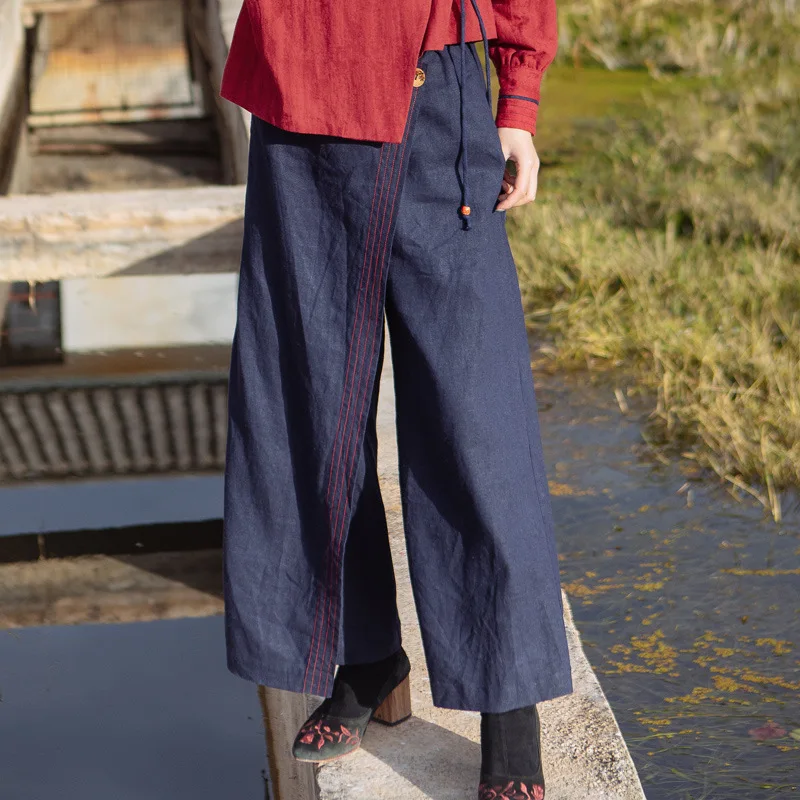 

Original Ethnic Style Linen Embroidery Casual Trousers Female Spring New Women's Irregular Loose Straight Pants