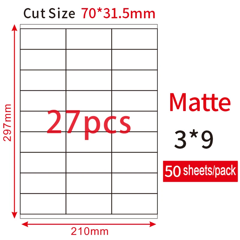 Jetland A4 адресные этикетки листы самоклеющиеся FBA наклейки Лазерный/струйный принтер, A4 высечки наклейки, 50 листов/упаковка - Цвет: 27 pcs 70-31.5 mm