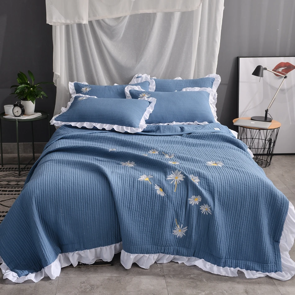 Bedcover Quilted Flower Bedspread Chrysanthemum Embroidered Summer