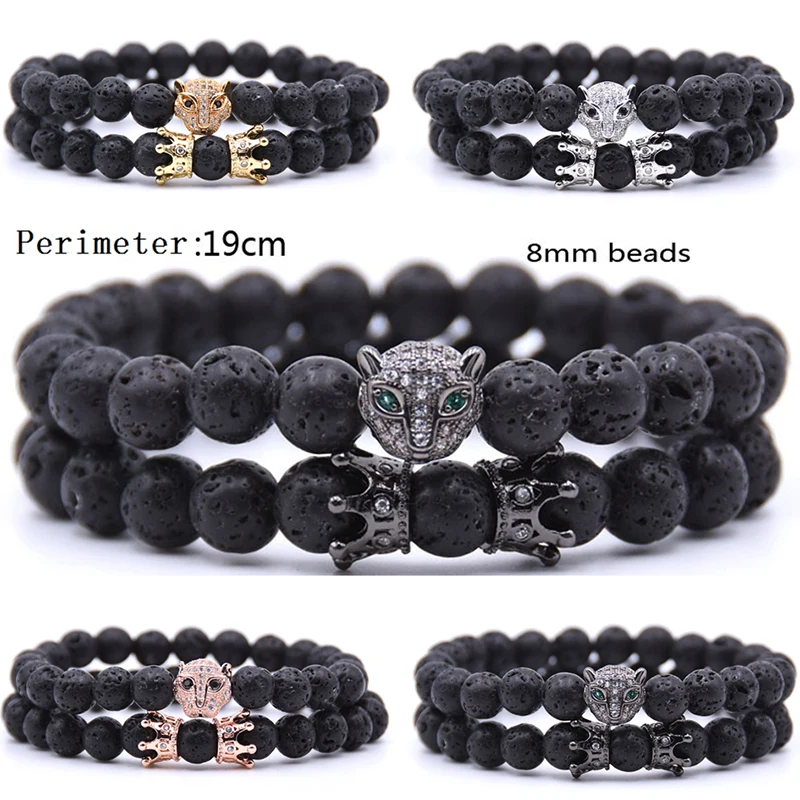 

2Pcs/Set Natural 8mm Lava Stone Bracelet Set Pave CZ Leopard & Crown Charm Couple Bracelet Women Men Jewelry Accessories Pulsera