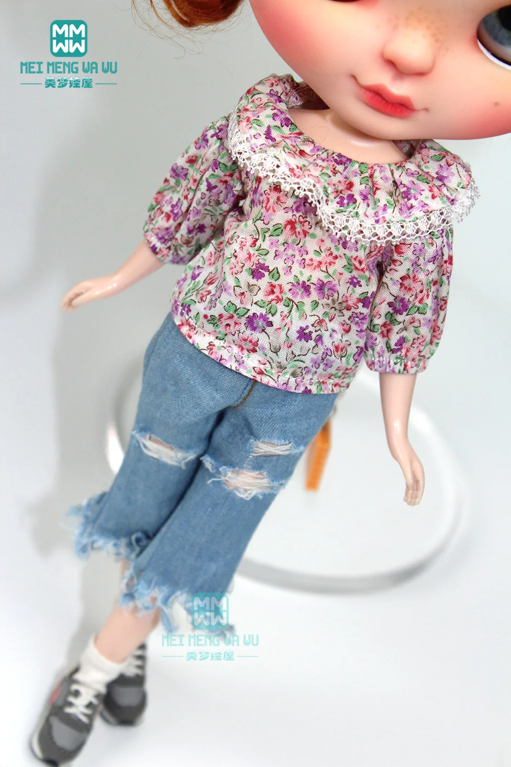 

1PCS Blyth clothes fashion Broken flower shirt, shredded jeans for Blyth Azone 1/6 doll accessories