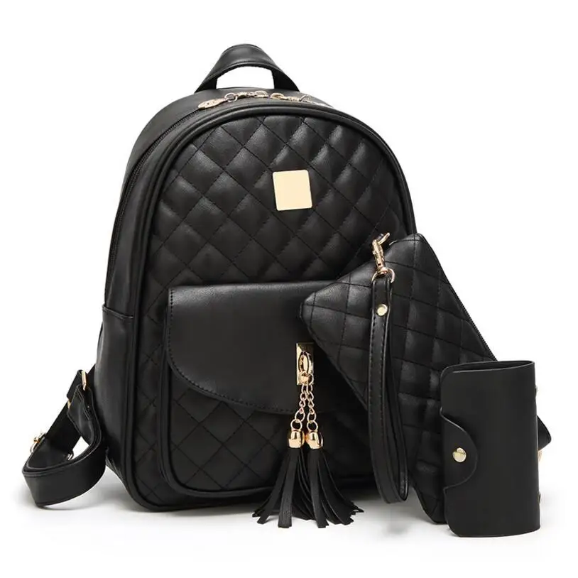 

3pcs/set Backpack Women Bag Set School Bags For Girls PU Leather Backpacks For Women Tassel Shoulder Bags with Purse Sac A Dos