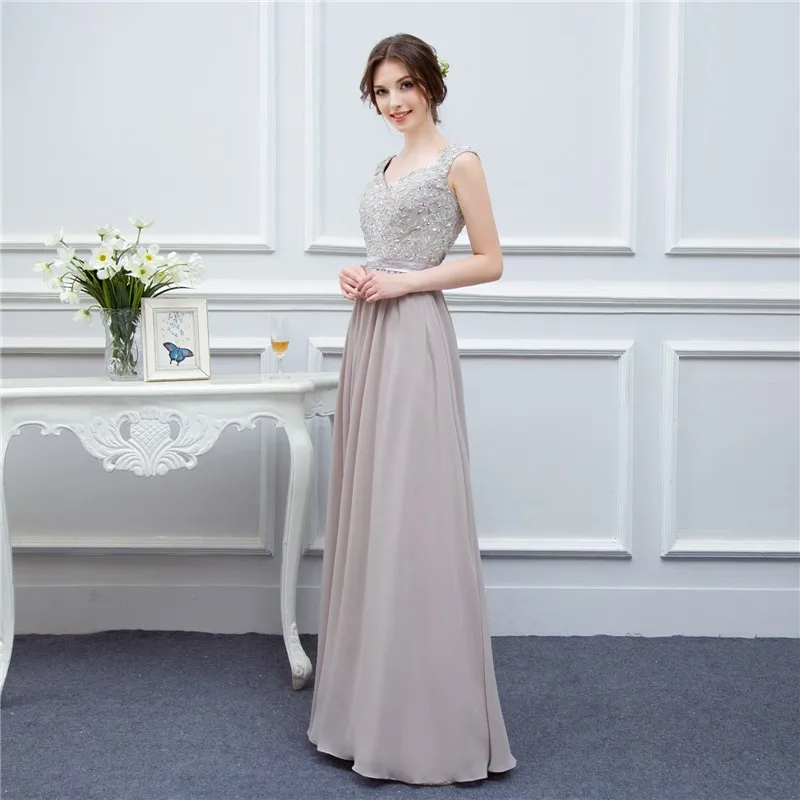 Silver grey cap sleeve applique floor length long chiffon bridesmaid