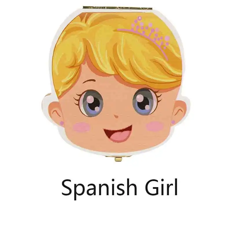 Spanishgiry Ящик для хранения зубов, испанский/английский/русский/французский/португальский/Греческий текст, детское дерево, чехол для сохранения зубов молока, держатель для сбора - Цвет: Spanishgiry