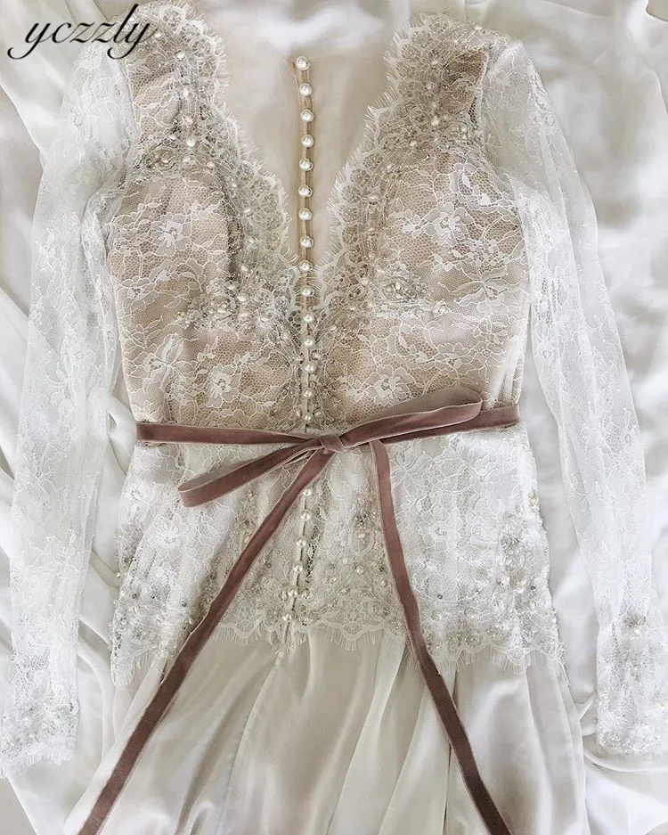 Boho Wedding Dress Sexy V-neck Long Sleeves Lace Appliques Pearls Beach Gowns Plus Size Chiffon Bride With Diamond | Свадьбы и