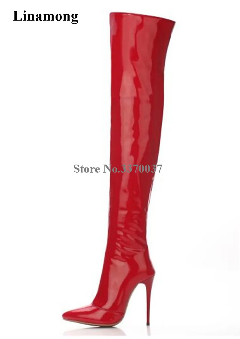 Rojo Sobre Estilo Mujeres Negro Tacón Largo Botas Marca Cuero De Sexy Punta Delgado Charol Negro rojo Diseño La En Fino Espejo Rodilla 0ZAWqpng