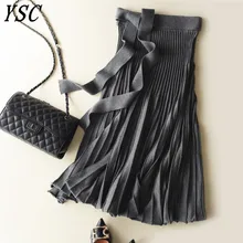 Yunshucliset Весенняя новейшая Стильная Женская Вязаная кашемировая шерстяная юбка однотонная плиссированная юбка с поясом