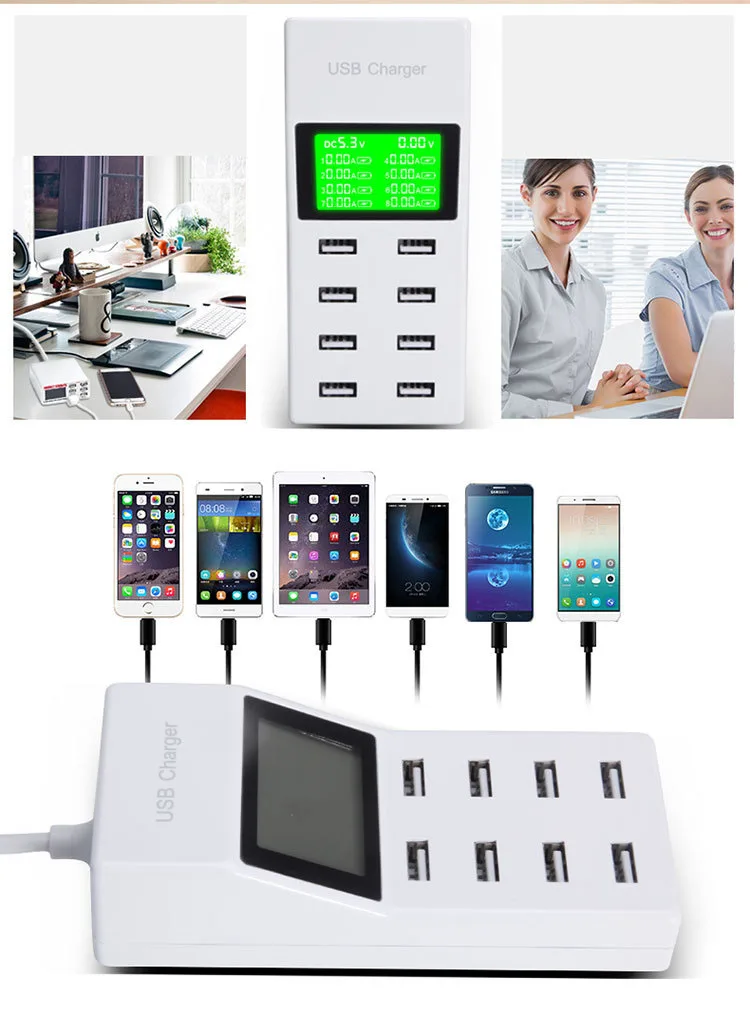 Fast Shipping LCD 45W 8 Port Smart USB Charger Hub with Charging Station USB Wall Travel Charger for Smartphone Tablets