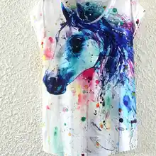 Camiseta con cuello redondo para mujer, Camiseta con estampado de caballo y pintura de tinta de estilo veraniego, ropa femenina