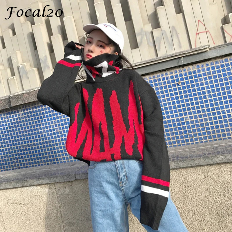 Женский вязаный свитер Focal20 Harajuku зимний с длинным рукавом и высоким воротом