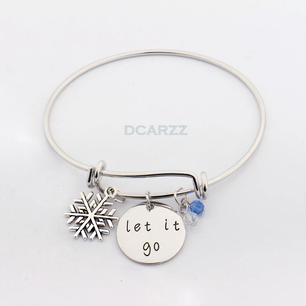 

"Let it go"Hand Stamped Frozener Bracelet with Snowflake,Crystals Charms Bangle Christmas Gift Collier Femme Fairy Tale Jewelry