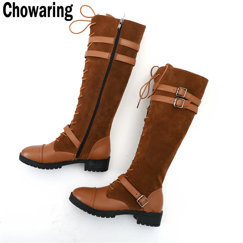 Goede Chowaring Sexy Vrouwen Lange Laarzen Bruin Zwart Suede Lace Up motorfiets Knie Hoge Laarzen Med Hak Herfst Winter Grote Maat 41 42 43