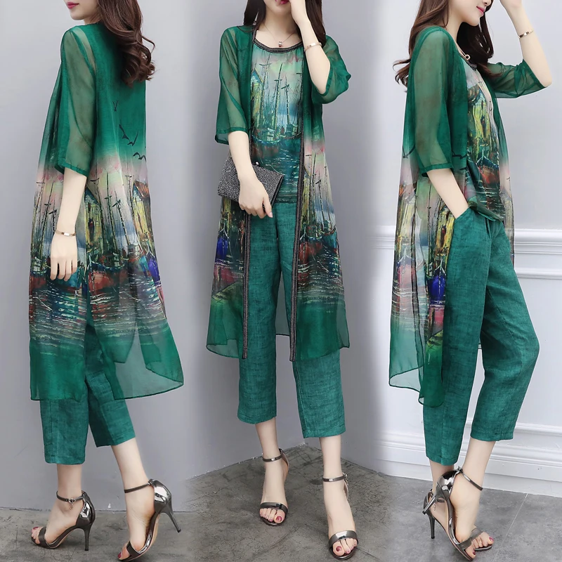 

Largr Big Size Cardigan 3 Piece Set Women Chiffon Ensemble Femme Deux Pieces Trousers Suit Conjunto Feminino Women's Tracksuit