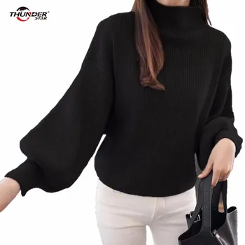 

Winter lantern sleeve knitted sweater half turtleneck pullover Women loose o-neck sweater Female autumn casual sweater jumper