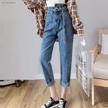 Джинсы бойфренда с высокой талией для женщин летние винтажные синие уличные девять джинсовые шаровары Брюки с карманами Femme