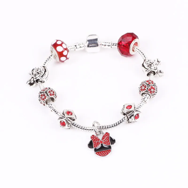 Couqcy милый дизайн красные хрустальные бусины-короны талисманы Микки Браслет Minnie серебряный цвет сплав бусины для женщин браслеты подарок