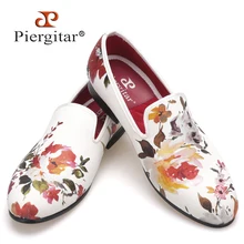 2016 nuevo estilo Hecho A Mano de color blanco impresión de la flor de oro de China estilo de los hombres de los holgazanes hombres zapatos de los hombres de Moda de la boda y del partido pisos