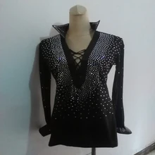 Стиль мужчины латинские танцевальные костюмы старший спандекс камни с длинными рукавами латинские танцевальные рубашки для мужчин латинские танцевальные рубашки S-4XL M006