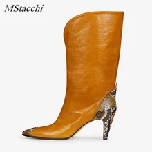 Mcacchi/; пикантные женские ботинки из змеиной кожи с острым носком; разноцветная обувь для сцены; женские ботинки без застежки с острым носком