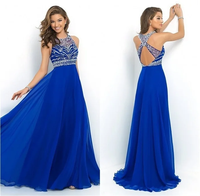 blue halter neck prom dress