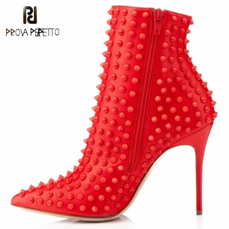 

Prova Perfetto New Fashion Rivet Boots Woman High Heels Ankle Boots Pointed Toe Escarpins Shoes Thin High Heel Boots Size 34-45