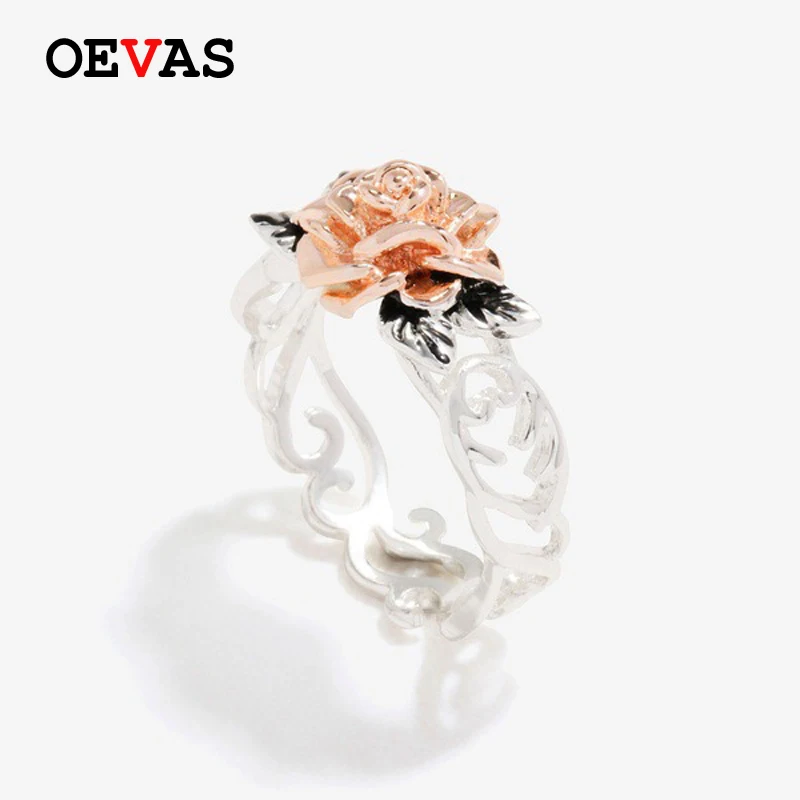 

Rose gold Rose flower and Silver color Leaves finger rings 2019 hot sale Cocktail party jewelry Wedding Anniversary gifts ring