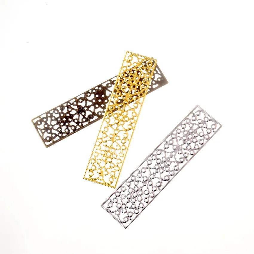 

Free shipping 10Pcs Gold/Bronze/Silver Rectangle Filigree Flower Wraps Connectors Metal Crafts Decoration DIY 8.5x2cm