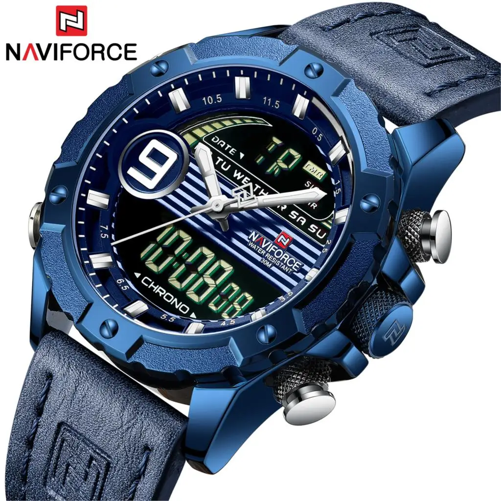 

NAVIFORCE Brand New Blue Men Watch Leather Sports Chronograph Military Watches Quartz Clock Analog Digital 3ATM Waterproof 2019
