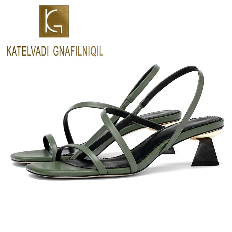 

KATELVADI Women Sandals Open Toe Summer Shoes With 4CM High Heels Sandals Green PU Gladiator Spike Heel Shoes Woman K-370