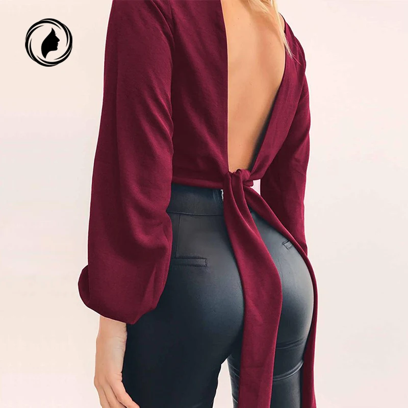 Vente 2018 Automne D été Sexy Femmes Blouse Profonde Veck Backless Arc Chemises Solide Femmes Crop Tops Clubwear Manches Longues Discothèque Porter