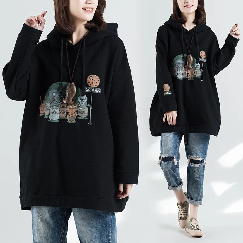  BIG SIZE Spring Autumn Women Fashion Kawaii Cartoon Print Hood Tops Ladies Female Plus Large Cotton