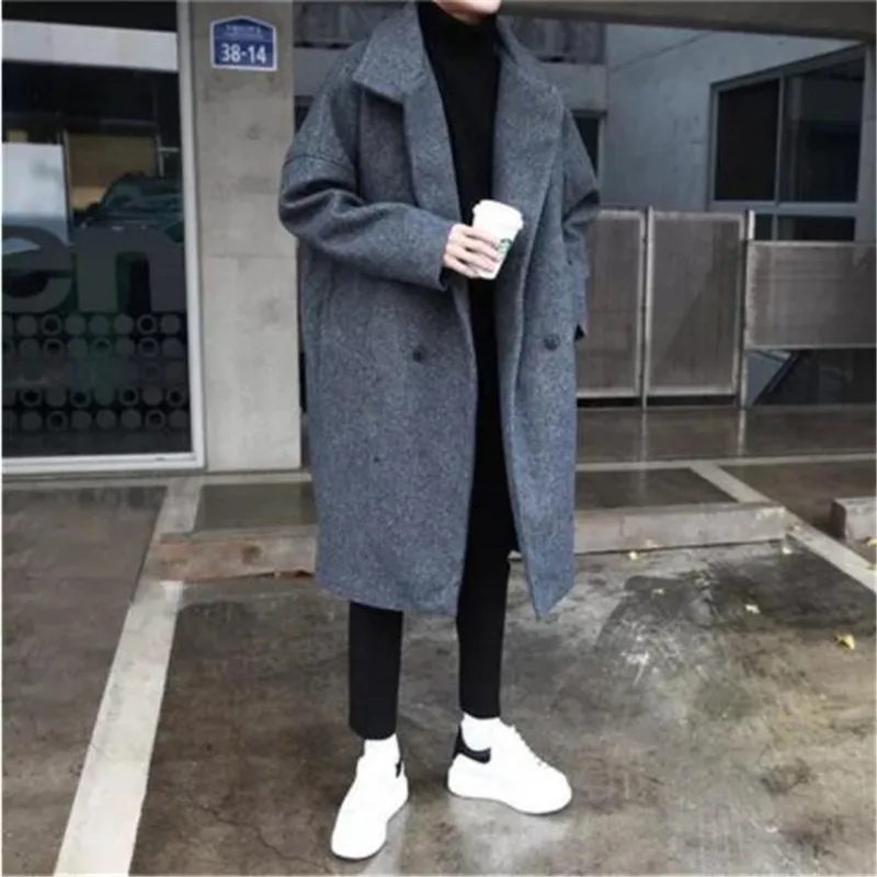 

2018 Winter Men's Fashion Trend Wool Blend Thicken Parkas Loose Cashmere Long Coats Casual Black/Grey Overcoat Windbreaker M-XL