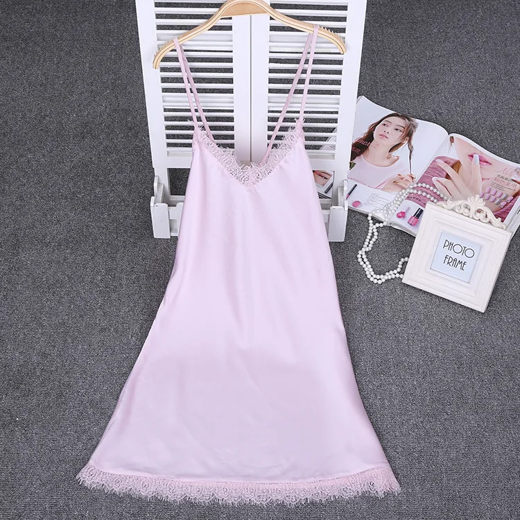 Red Pink Gray Black Silk Lace Halter Slip Sleeping Dress Satin Nightgowns Women Sleepwear Night