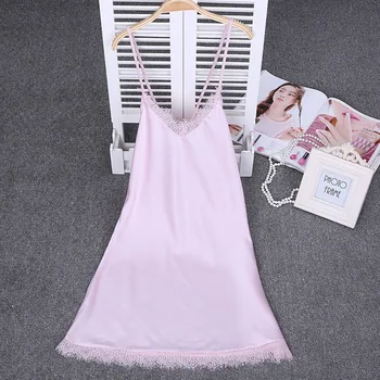 

Red Pink Gray Black Silk Lace Halter Slip Sleeping Dress Satin Nightgowns Women Sleepwear Night Dress Sexy Lingerie Night Wear
