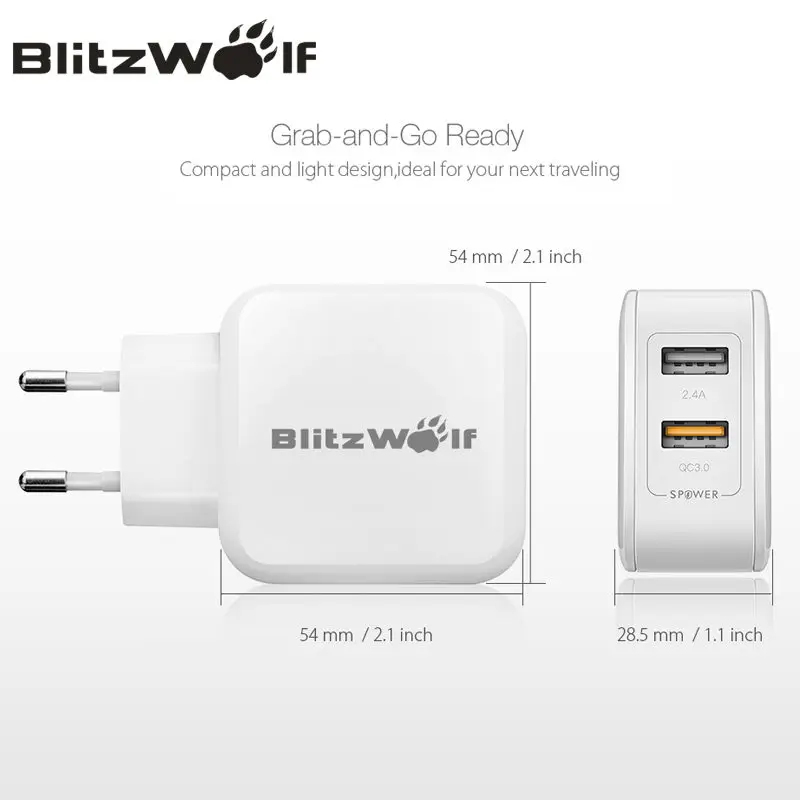 BlitzWolf QC3.0+2.4A 30W Dual USB Charger Mobile Phone Fast Charger EU Adapter Travel Wall Charger For iphone 8 8 Plus X