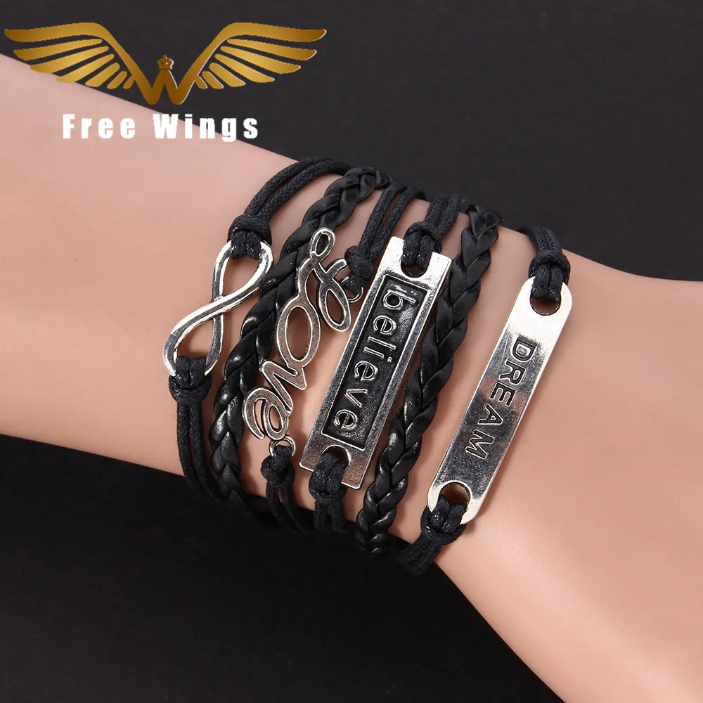 

Dark Black Infinite Love Male Bracelet Leather Wrap Charm Bohemian Female Jewelry Bracelets