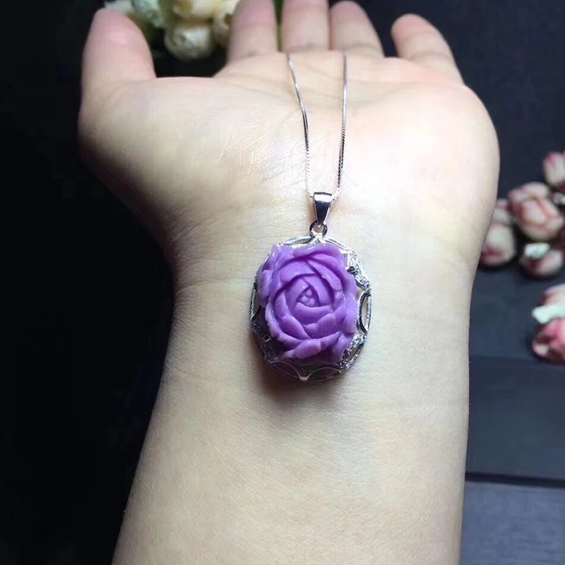 

Wholesale Purple Mica Natural Crystal Pendants Caved flower Inlaid silver 925 Chain Necklace Lucky for Women Crystal Jewelry
