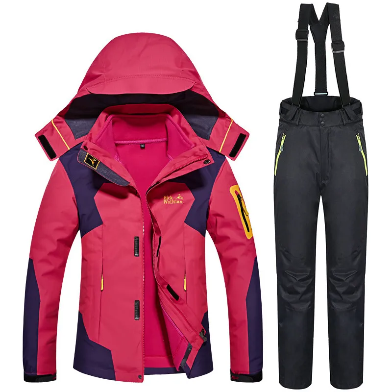 Очень теплый лыжный костюм для женщин, лыжная куртка и штаны, зимняя куртка для сноуборда, водонепроницаемая зимняя одежда высокого качества, комплект одежды - Цвет: Rose red     Black