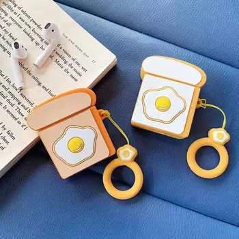 

3D Fried egg toast Foodie Shockproof Silicone Earphone Pouch For Airpods 1/2G Charger Case With Ring Strap Anti-dust Holster