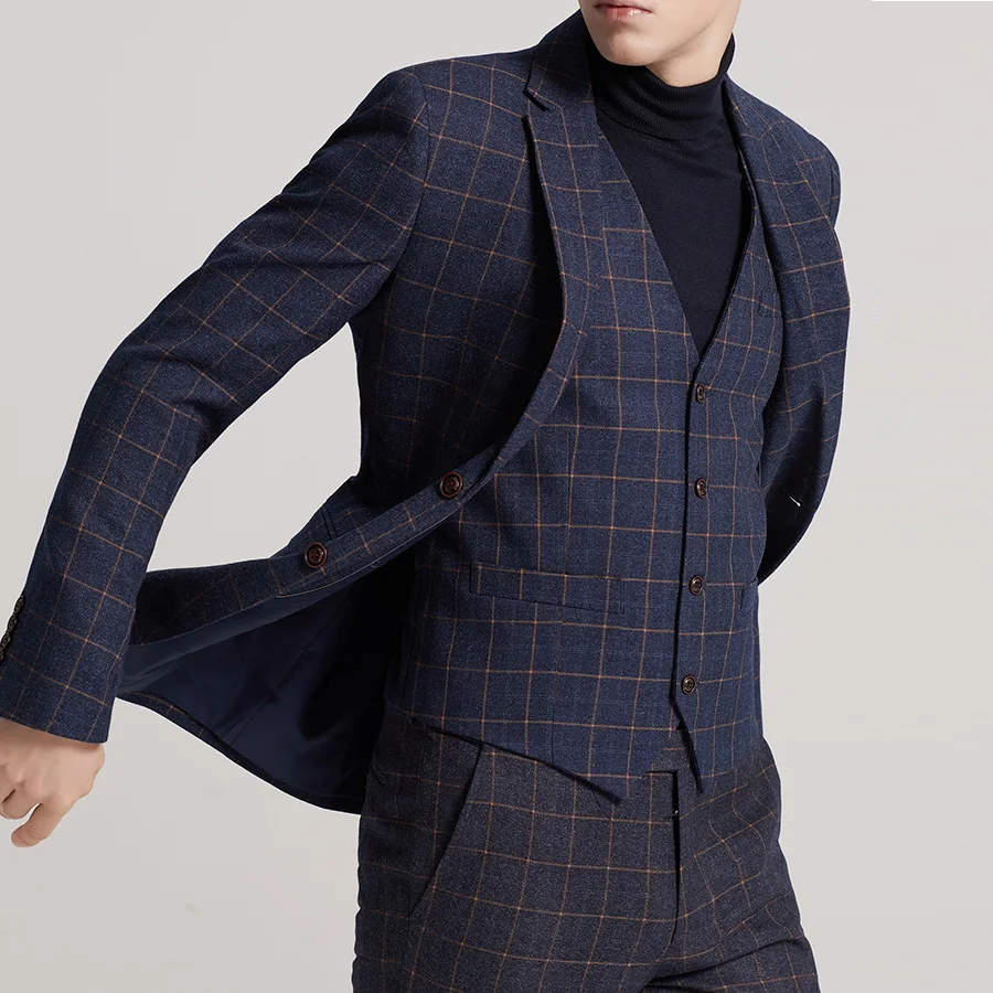 Fashion Plaid Business Suit Groom Tuxedos Wedding Suit Blazer Men 3Pcs (Jacket+Vest+Pants) Single Breasted Suit Men 2019