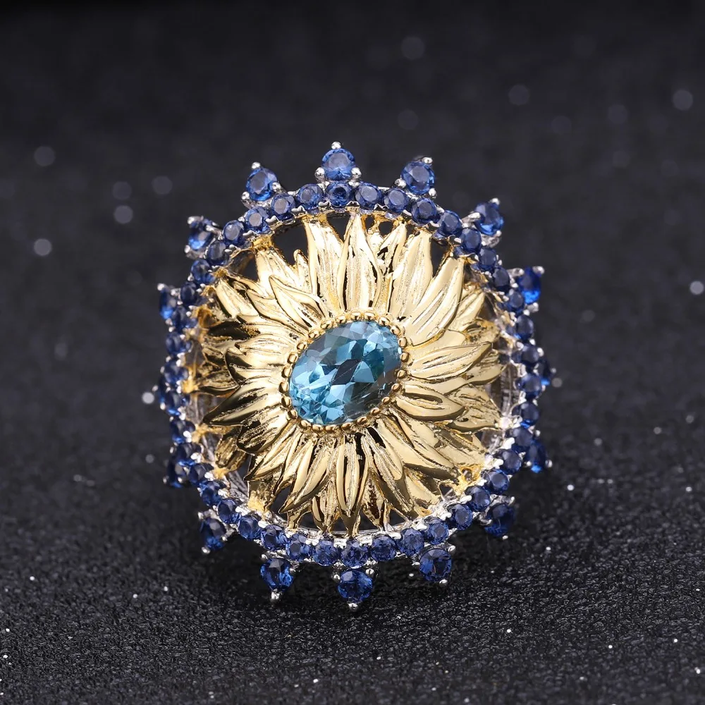 GEM'S BALLET 1.00Ct натуральный Швейцарский Голубой Топаз кольца с подсолнечником 925 пробы Серебряное кольцо ручной работы для женщин Bijoux Fine Jewelry