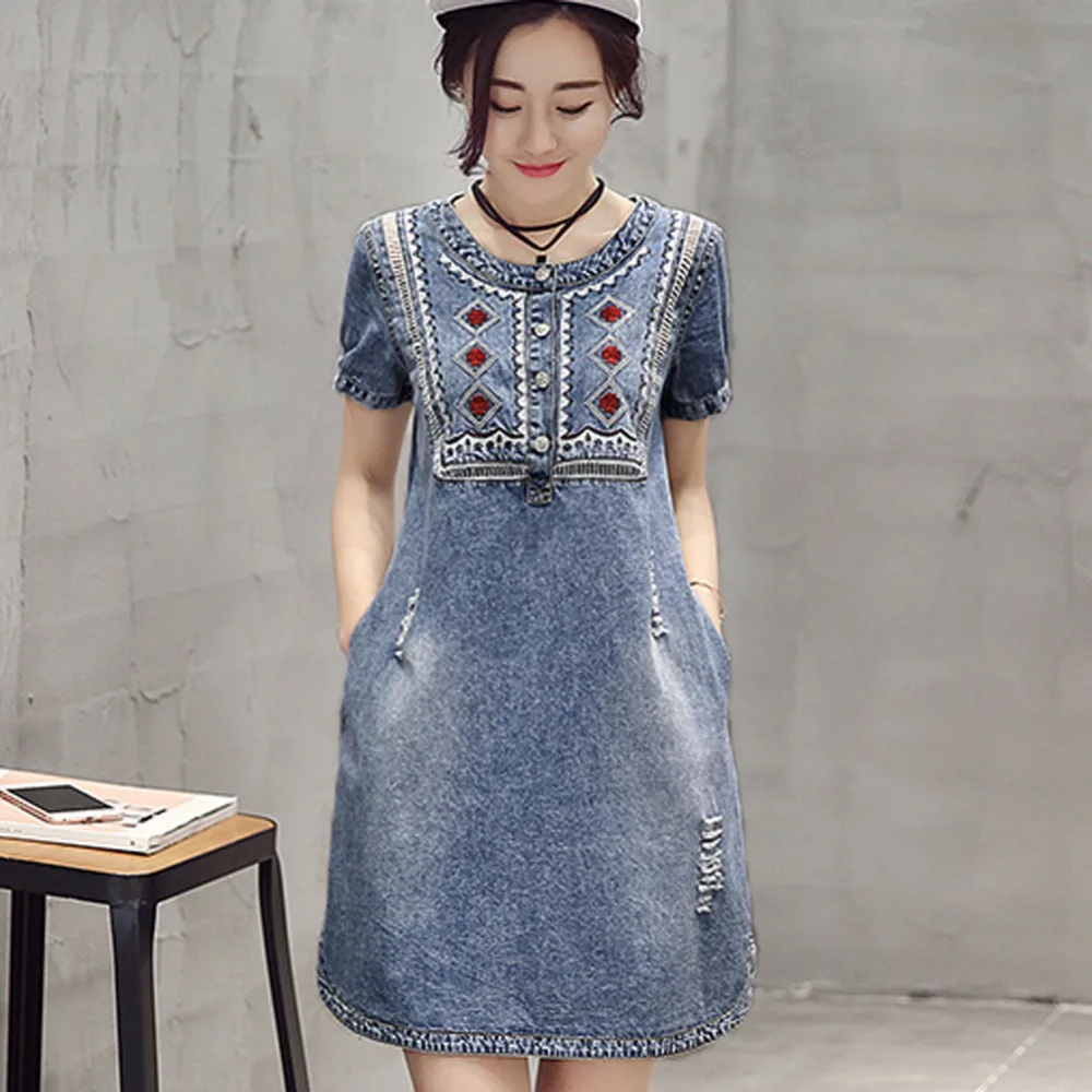 

2019 Denim Dress Vintage Embroidery Soft Mini Casual Plus Size Women Jeans Dress
