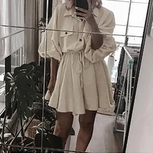 Women Fashion belt dresses linen short shirt dress Long sleeve cotton dress buttons female vestidos Faldas Mujer