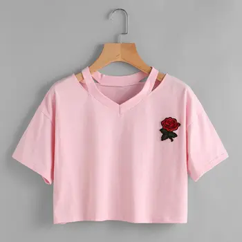 

Women Short T Shirt Summer Sexy Hollow Out Short Sleeve Casual Harajuku Crop Top Rose Embroidery T-shirts